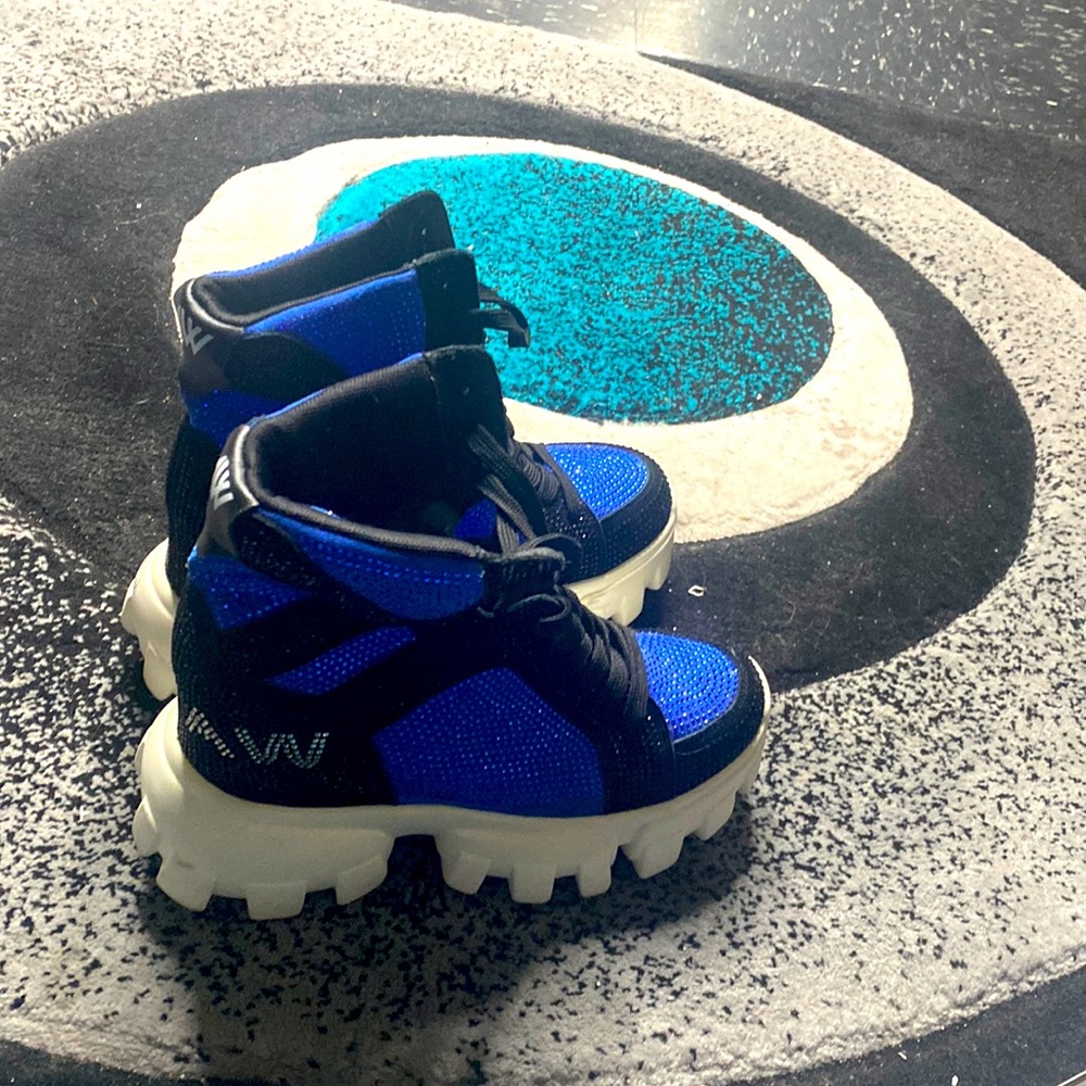 Gym shoe high top with rhinestones, black and blue.